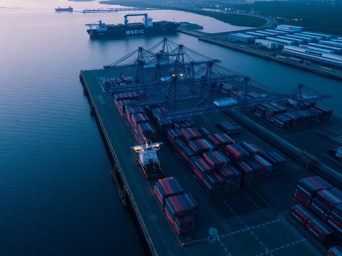 Container terminal with cranes loading cargo at dawn